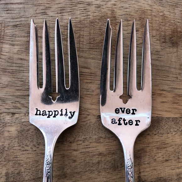 Hand-stamped silver plated forks & message “Happily”/“Ever After” when together - Picture 13 of 15